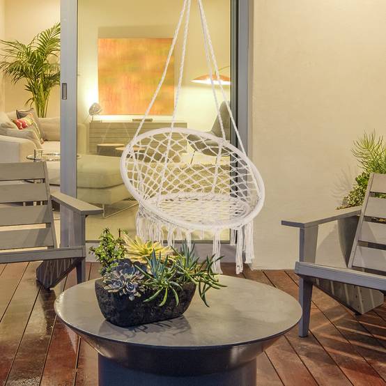 Fauteuil suspendu macramé coton jardin dossier rond enveloppant 80cm beige - ComfortXL Outdoor Living - Image 4