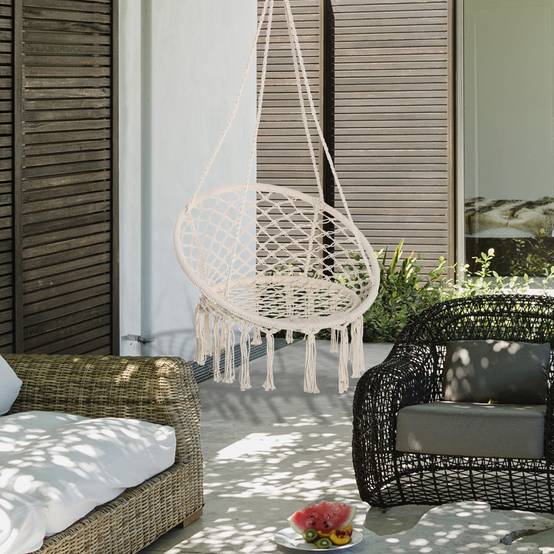 Fauteuil suspendu macramé coton jardin dossier rond enveloppant 80cm beige - ComfortXL Outdoor Living - Image 3