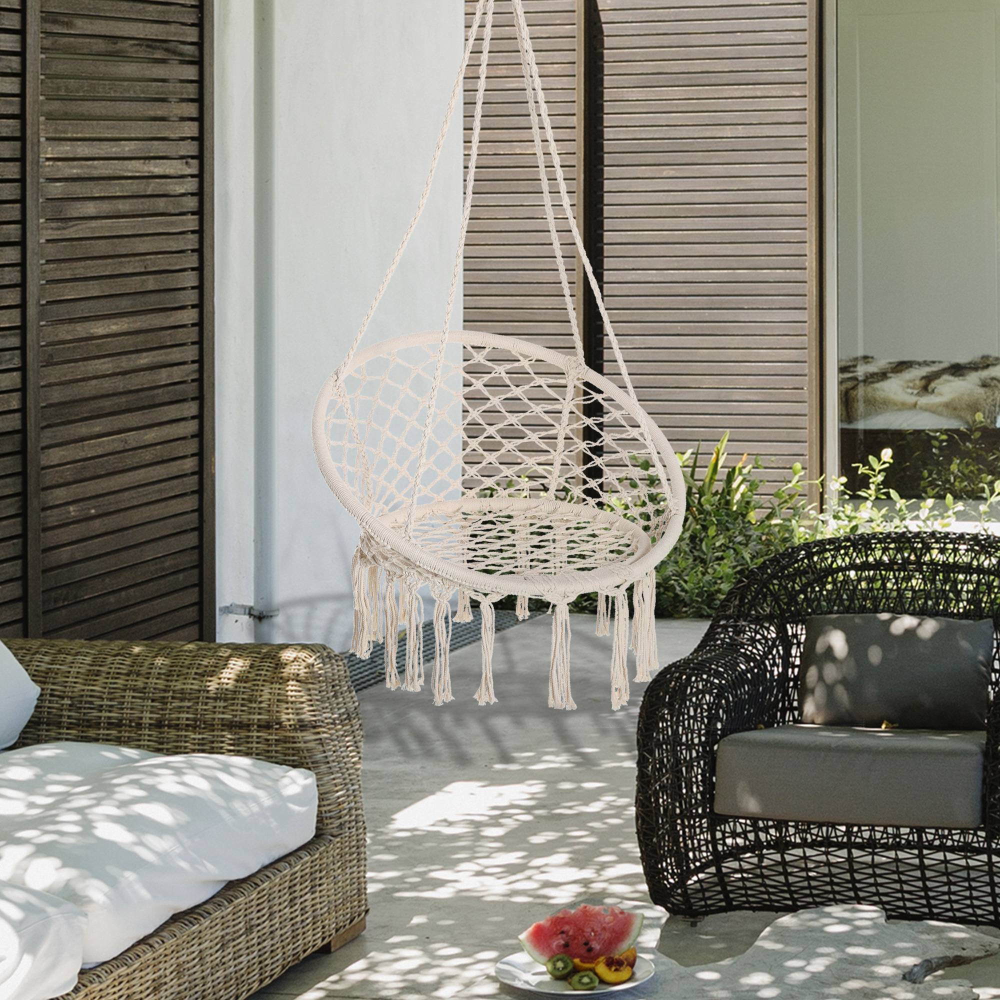 Fauteuil suspendu macramé coton jardin dossier rond enveloppant 80cm beige - ComfortXL Outdoor Living - Image 3