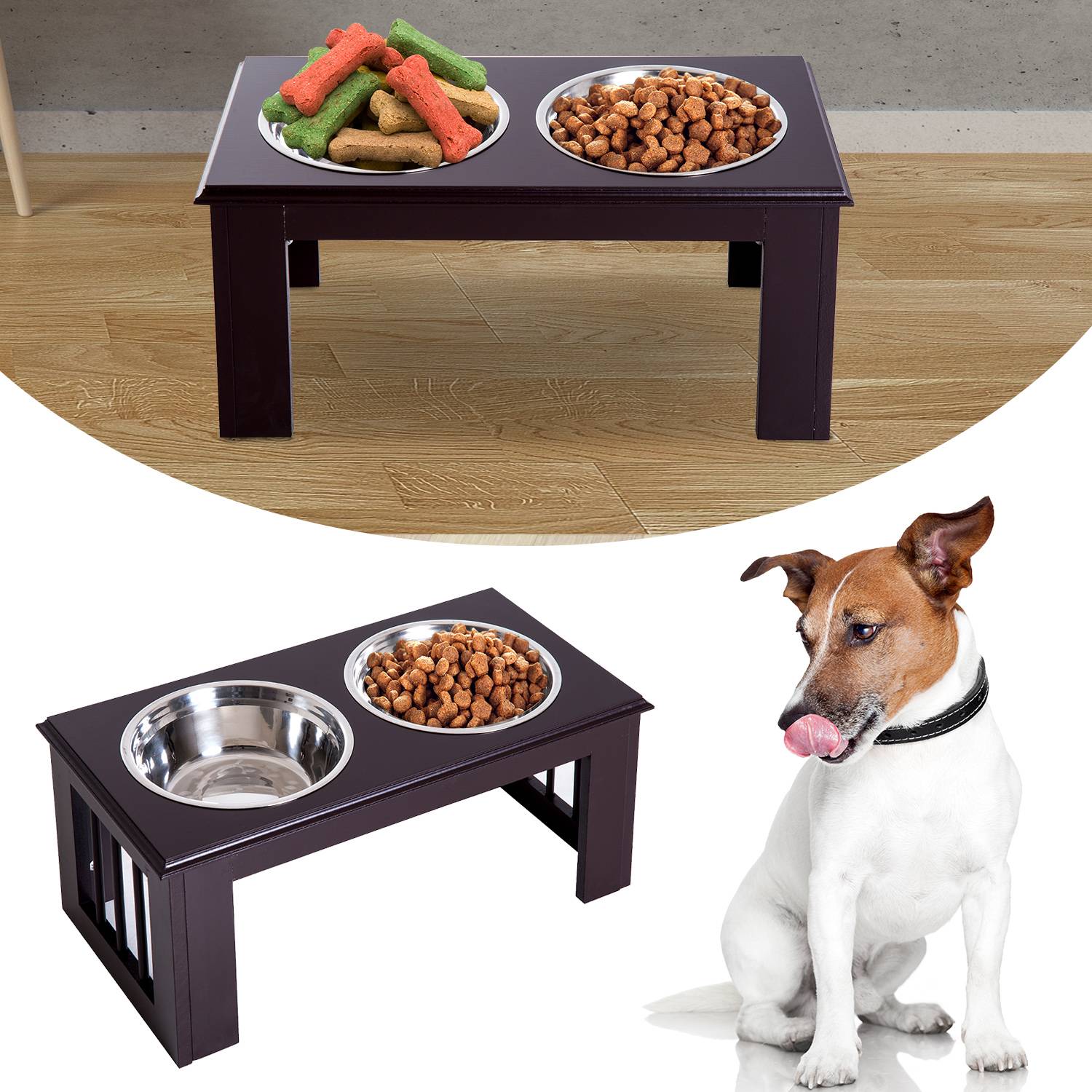 ComfortXL - Gamelles surélevées pour chien MDF inox espresso 58,4 x 30,5 x 25,4 cm station repas antidérapante 2 bols - Image 1
