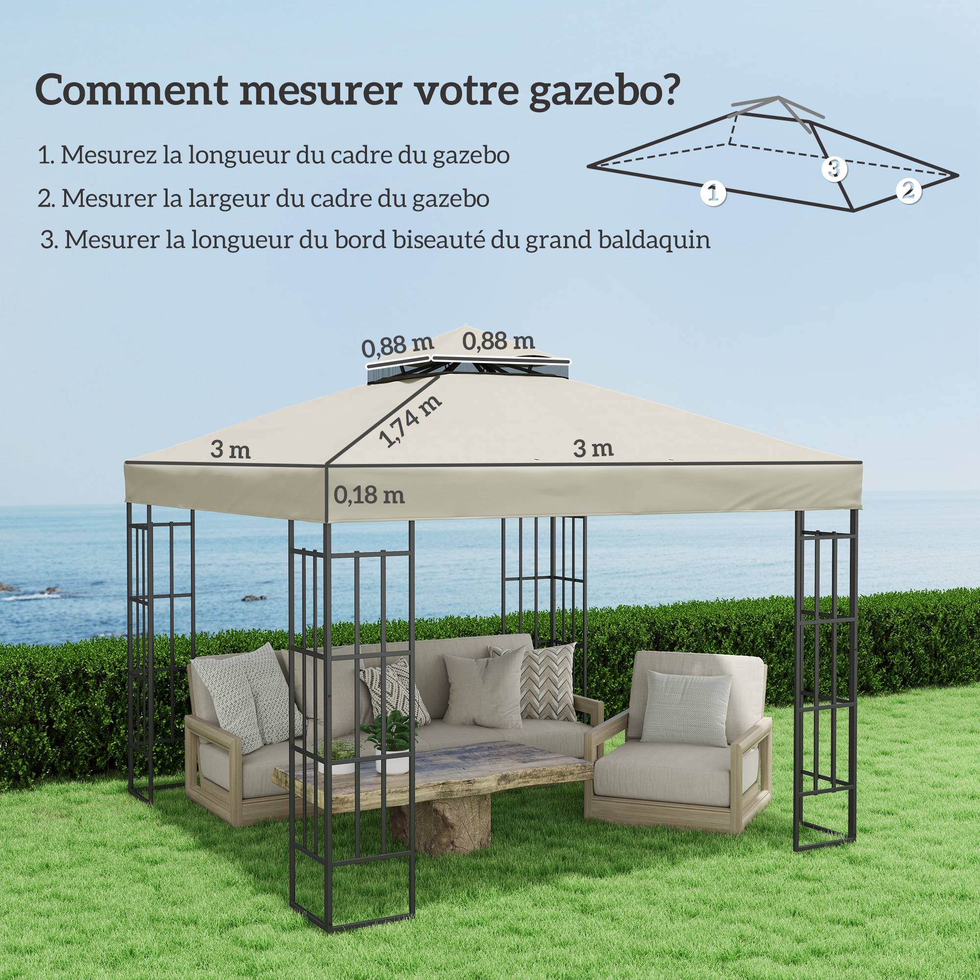 ComfortXL - Toile de rechange tonnelle polyester extérieur protection UV 3x3m crème - ComfortXL Outdoor Living - Image 5
