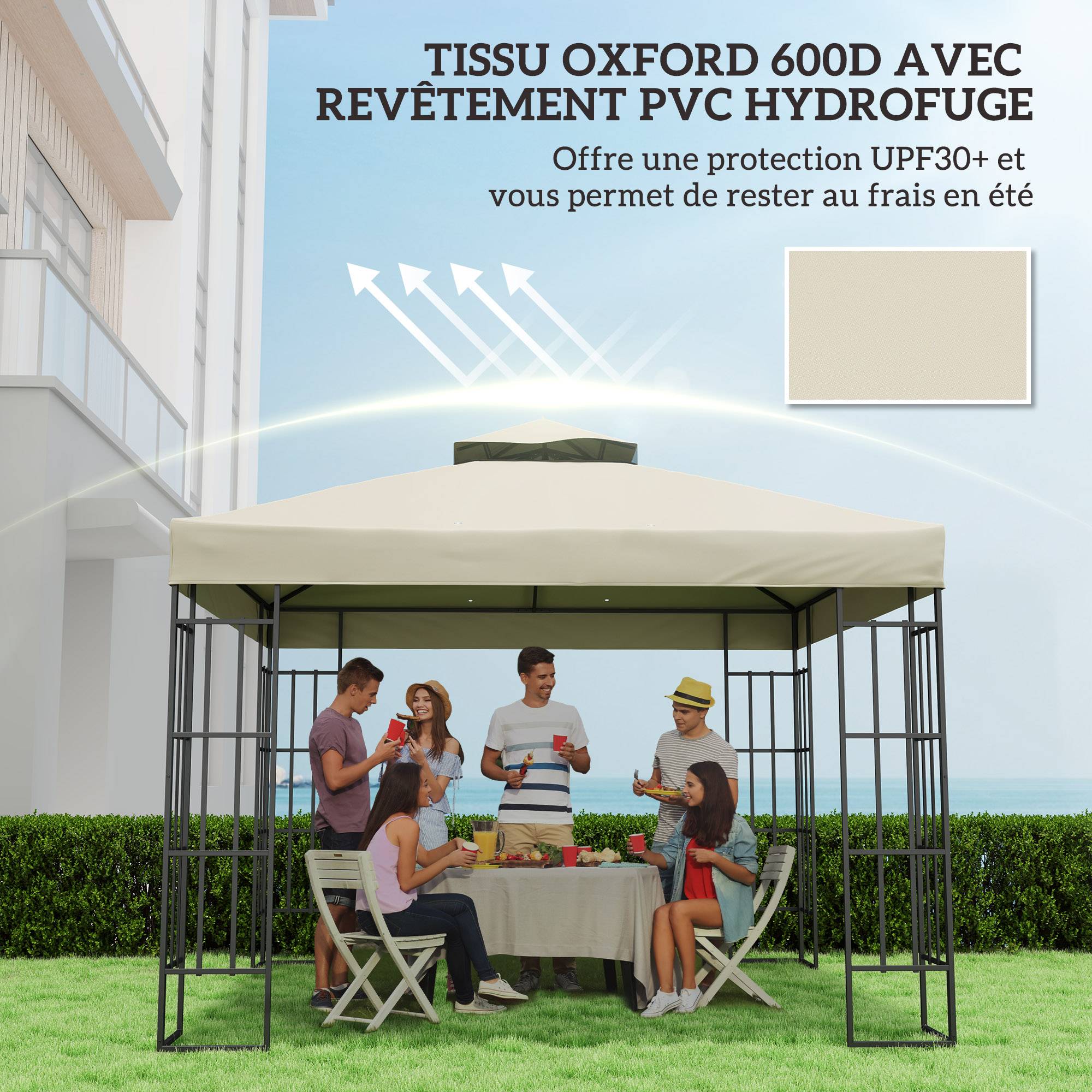 ComfortXL - Toile de rechange tonnelle polyester extérieur protection UV 3x3m crème - ComfortXL Outdoor Living - Image 8