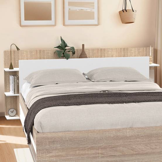 Tête de lit sur pied CIRI pour lit 140 et 160 cm avec rangements blanc et bois - Image 1