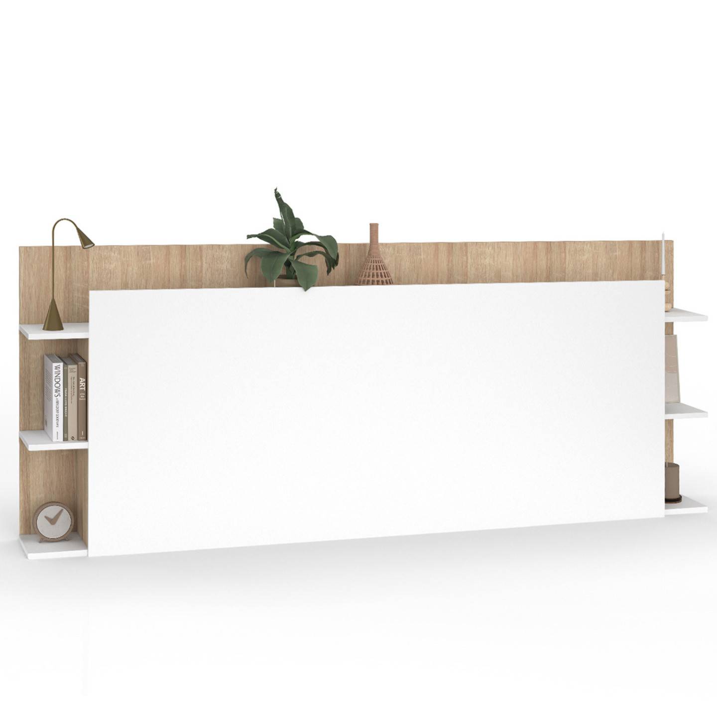 Tête de lit sur pied CIRI pour lit 140 et 160 cm avec rangements blanc et bois - Image 2