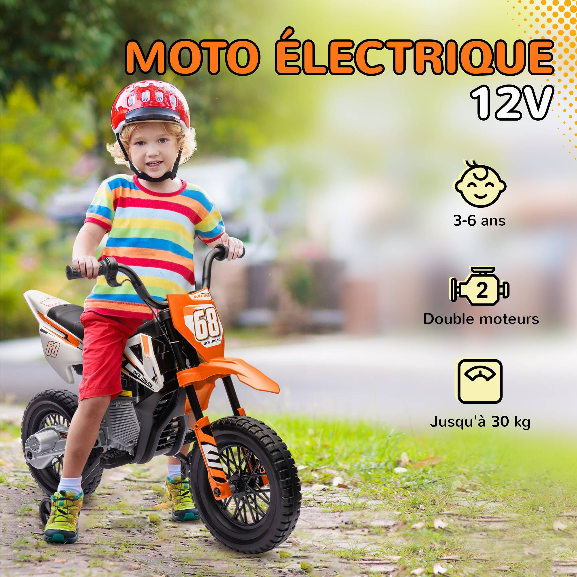 Moto électrique pour enfant moto cross pour enfants de 3 à 6 ans 2 moteurs 12V vitesse 5 km/h 109,5x60x72,5cm orange - Image 8