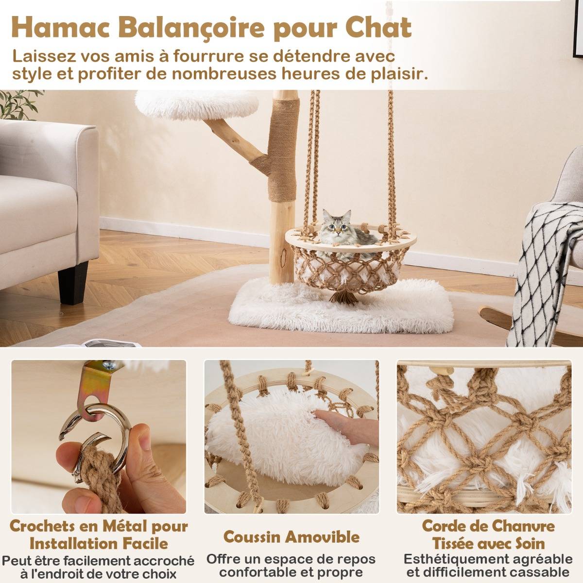 Arbre à Chat avec Balançoire Hamac Branches en Bois Véritable Poteaux à Gratter en Jute 2 Perchoir - Image 5