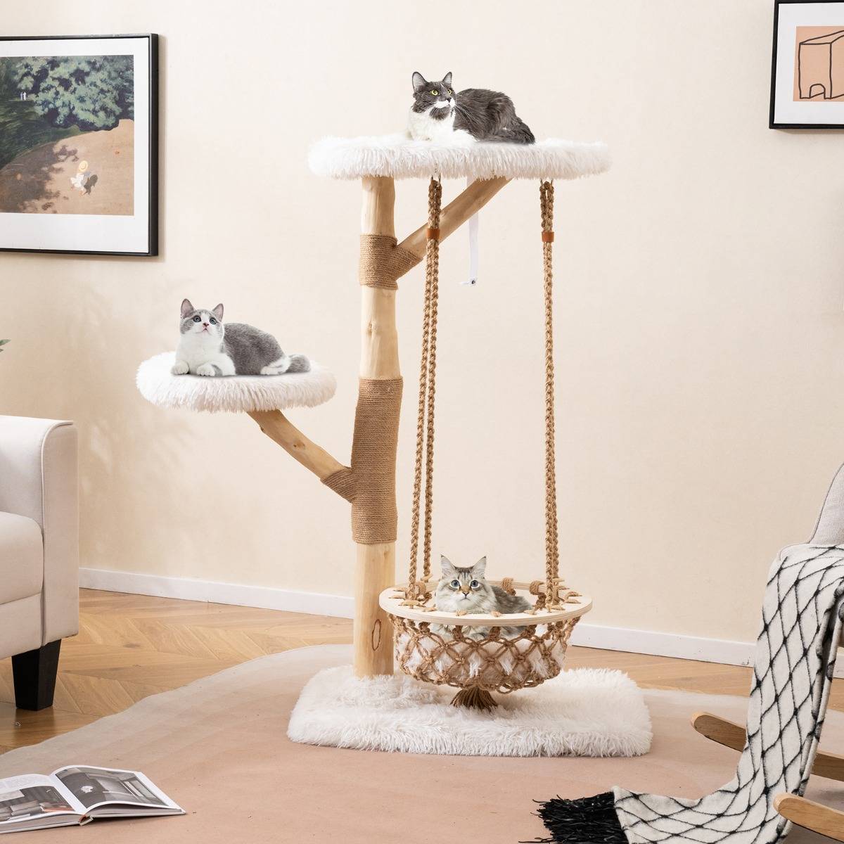 Arbre à Chat avec Balançoire Hamac Branches en Bois Véritable Poteaux à Gratter en Jute 2 Perchoir - Image 3