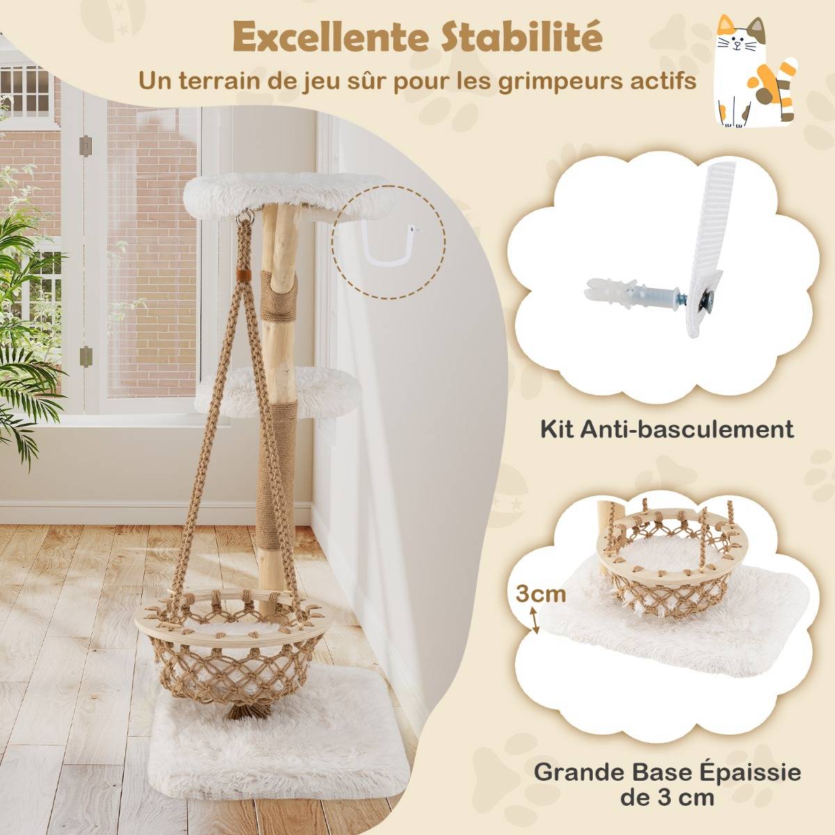 Arbre à Chat avec Balançoire Hamac Branches en Bois Véritable Poteaux à Gratter en Jute 2 Perchoir - Image 6