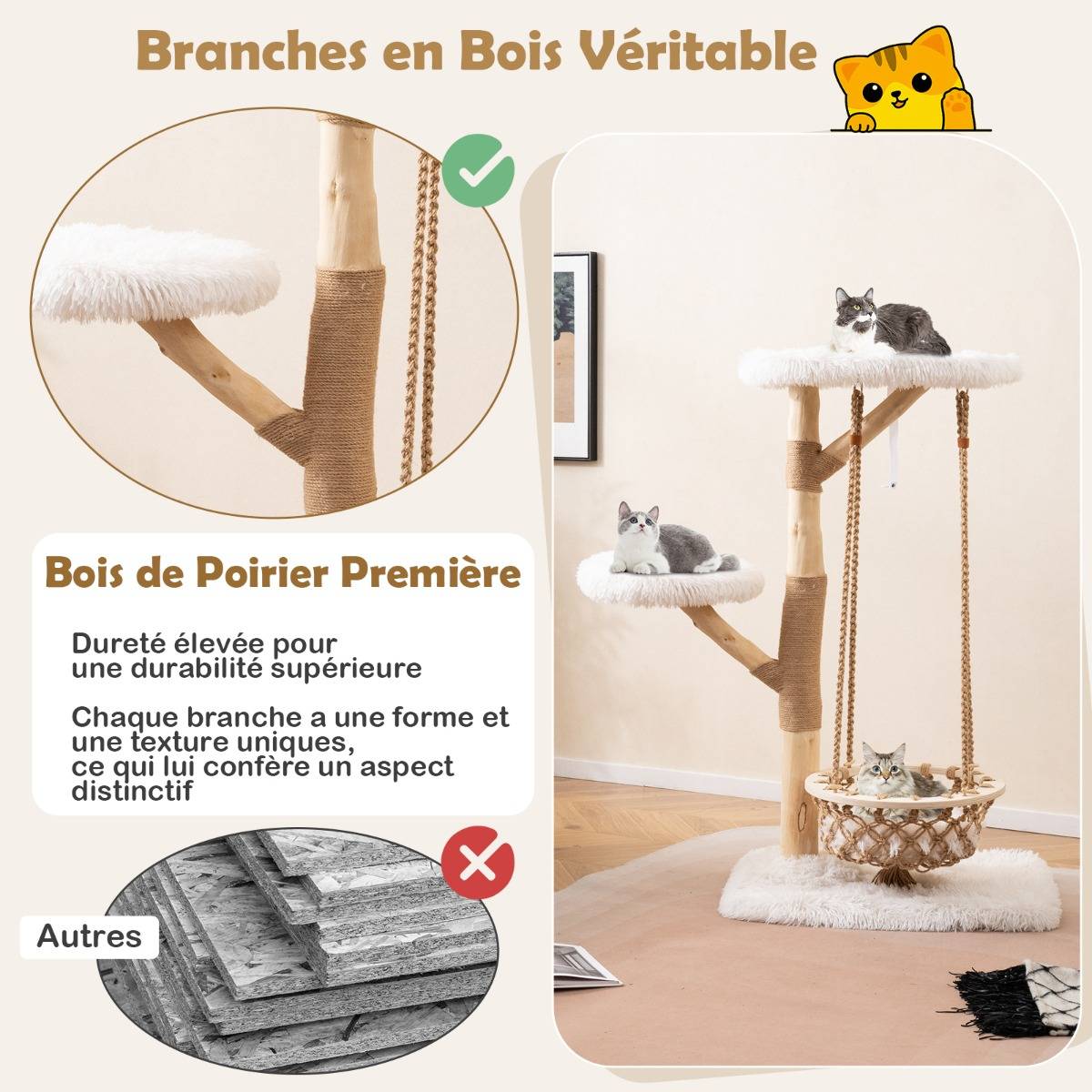 Arbre à Chat avec Balançoire Hamac Branches en Bois Véritable Poteaux à Gratter en Jute 2 Perchoir - Image 7