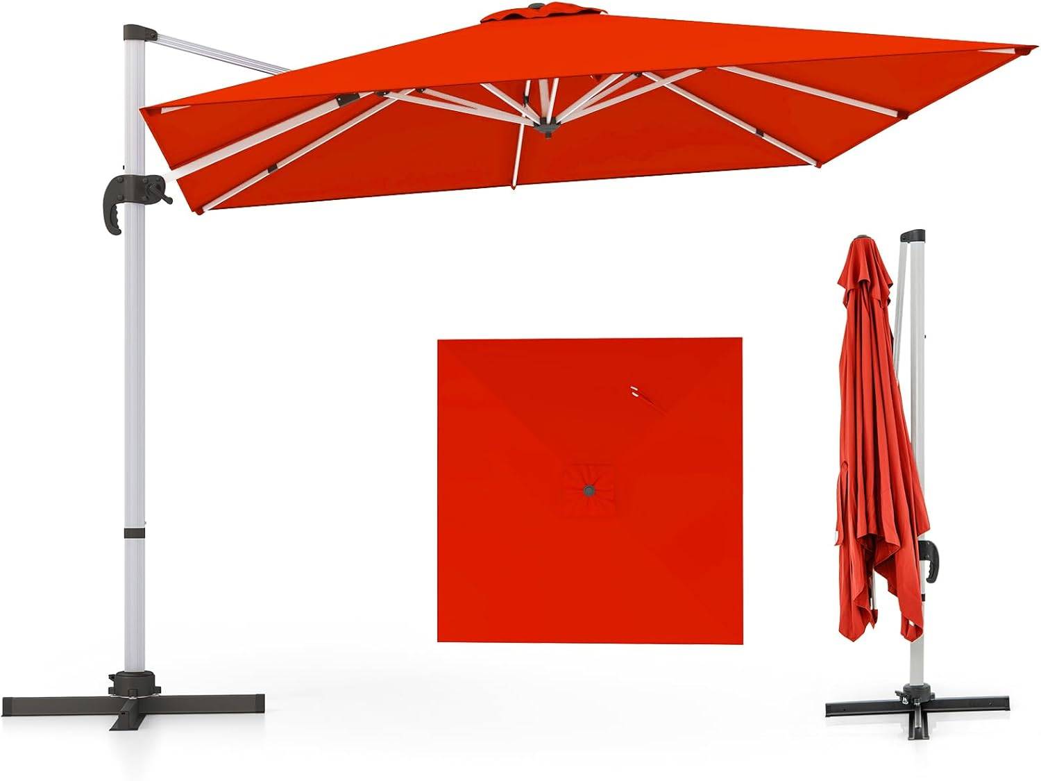 Costway - Parasol Déporté 3x3M, Parasol de Jardin Carré avec Base en Croix, Parasol Inclinable avec 5 Angles et Hauteurs Réglables Orange - Image 1