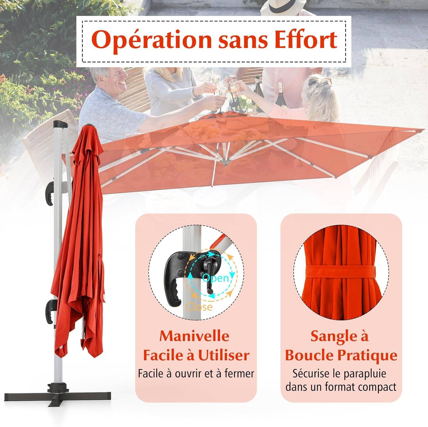 Costway - Parasol Déporté 3x3M, Parasol de Jardin Carré avec Base en Croix, Parasol Inclinable avec 5 Angles et Hauteurs Réglables Orange - Image 8