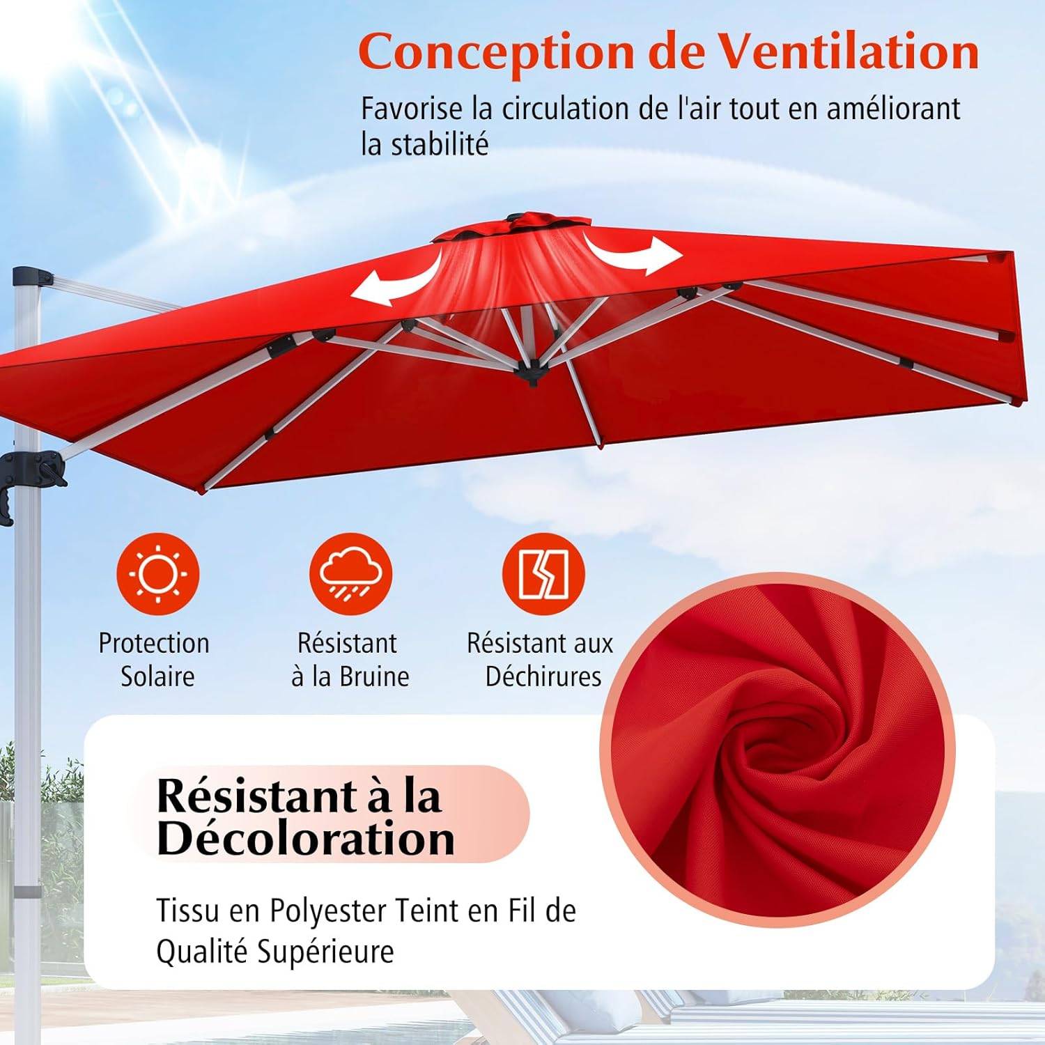 Costway - Parasol Déporté 3x3M, Parasol de Jardin Carré avec Base en Croix, Parasol Inclinable avec 5 Angles et Hauteurs Réglables Orange - Image 5
