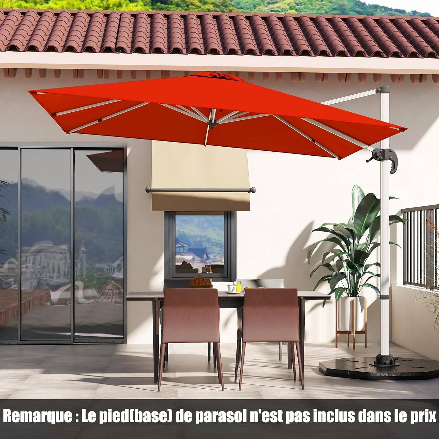 Costway - Parasol Déporté 3x3M, Parasol de Jardin Carré avec Base en Croix, Parasol Inclinable avec 5 Angles et Hauteurs Réglables Orange - Image 3