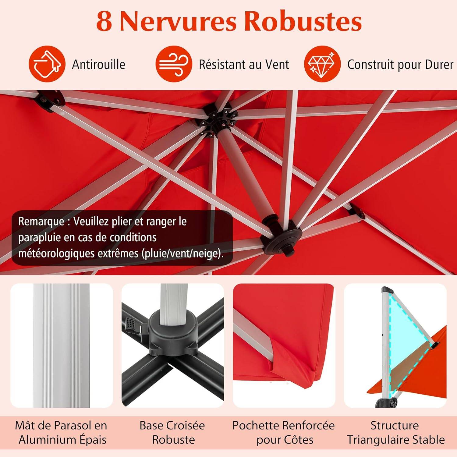 Costway - Parasol Déporté 3x3M, Parasol de Jardin Carré avec Base en Croix, Parasol Inclinable avec 5 Angles et Hauteurs Réglables Orange - Image 9