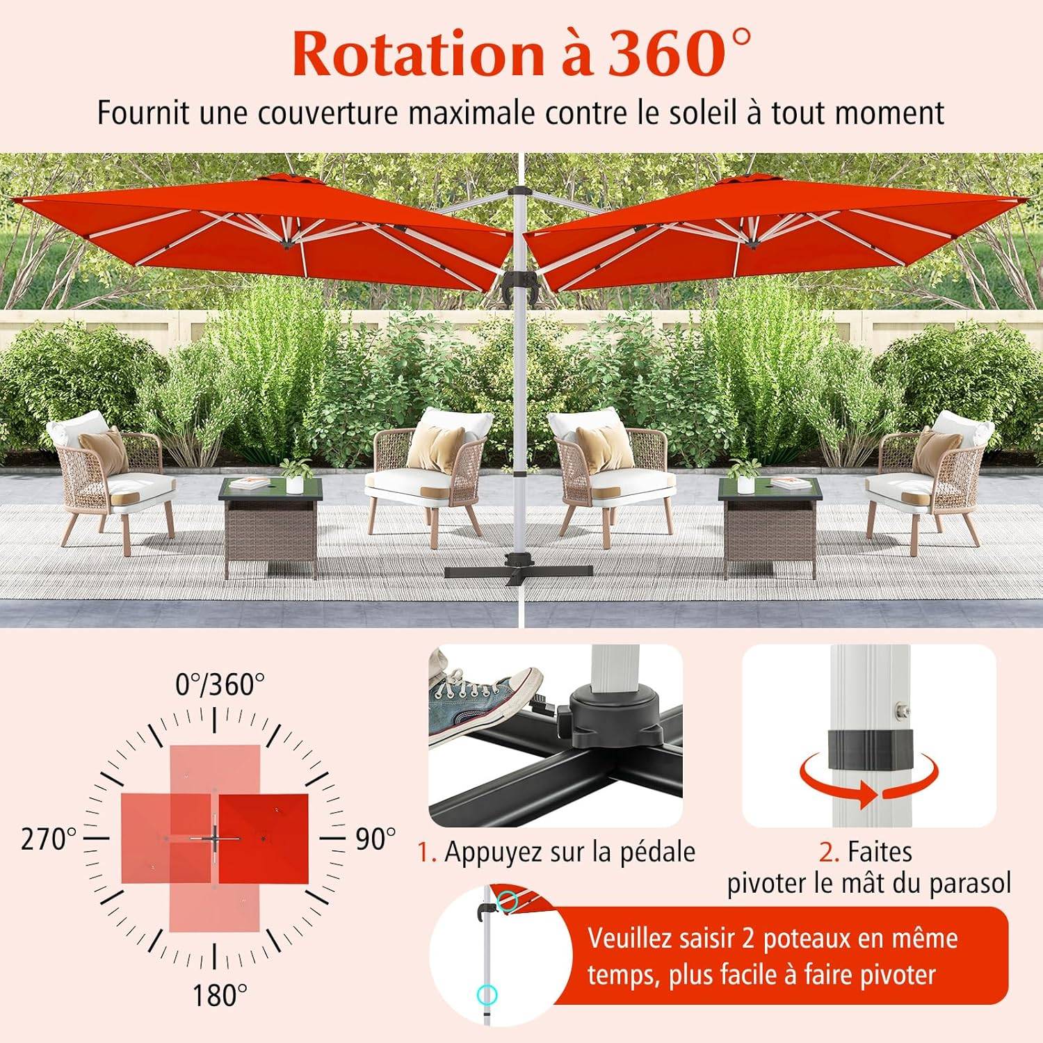 Costway - Parasol Déporté 3x3M, Parasol de Jardin Carré avec Base en Croix, Parasol Inclinable avec 5 Angles et Hauteurs Réglables Orange - Image 7