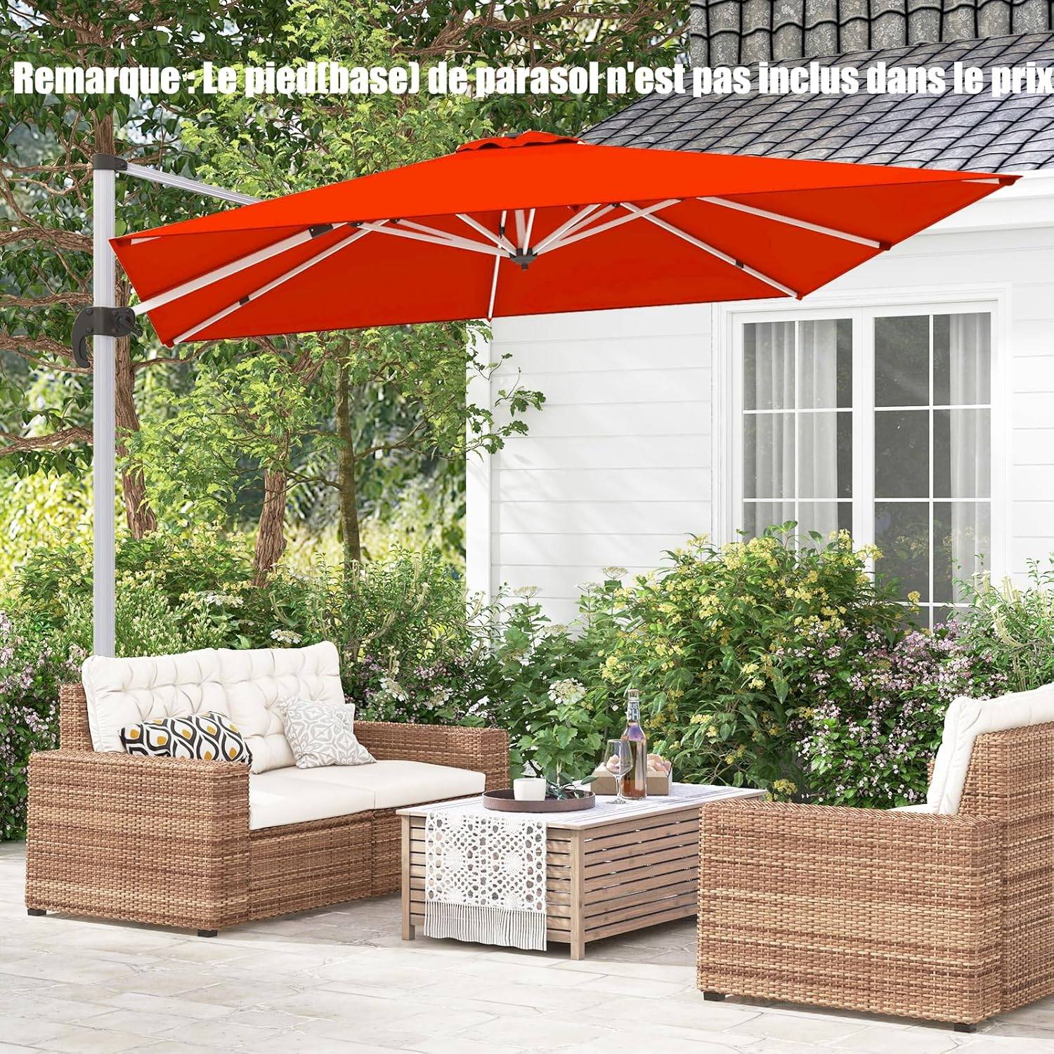 Costway - Parasol Déporté 3x3M, Parasol de Jardin Carré avec Base en Croix, Parasol Inclinable avec 5 Angles et Hauteurs Réglables Orange - Image 2