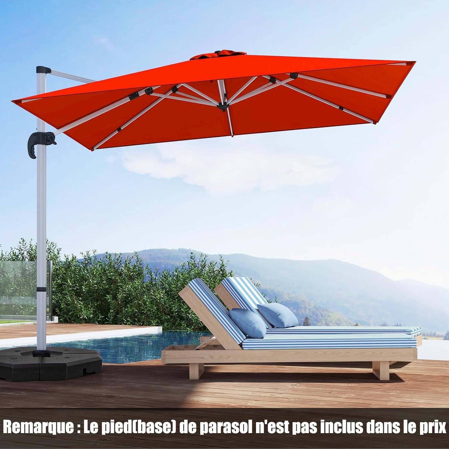Costway - Parasol Déporté 3x3M, Parasol de Jardin Carré avec Base en Croix, Parasol Inclinable avec 5 Angles et Hauteurs Réglables Orange - Image 4