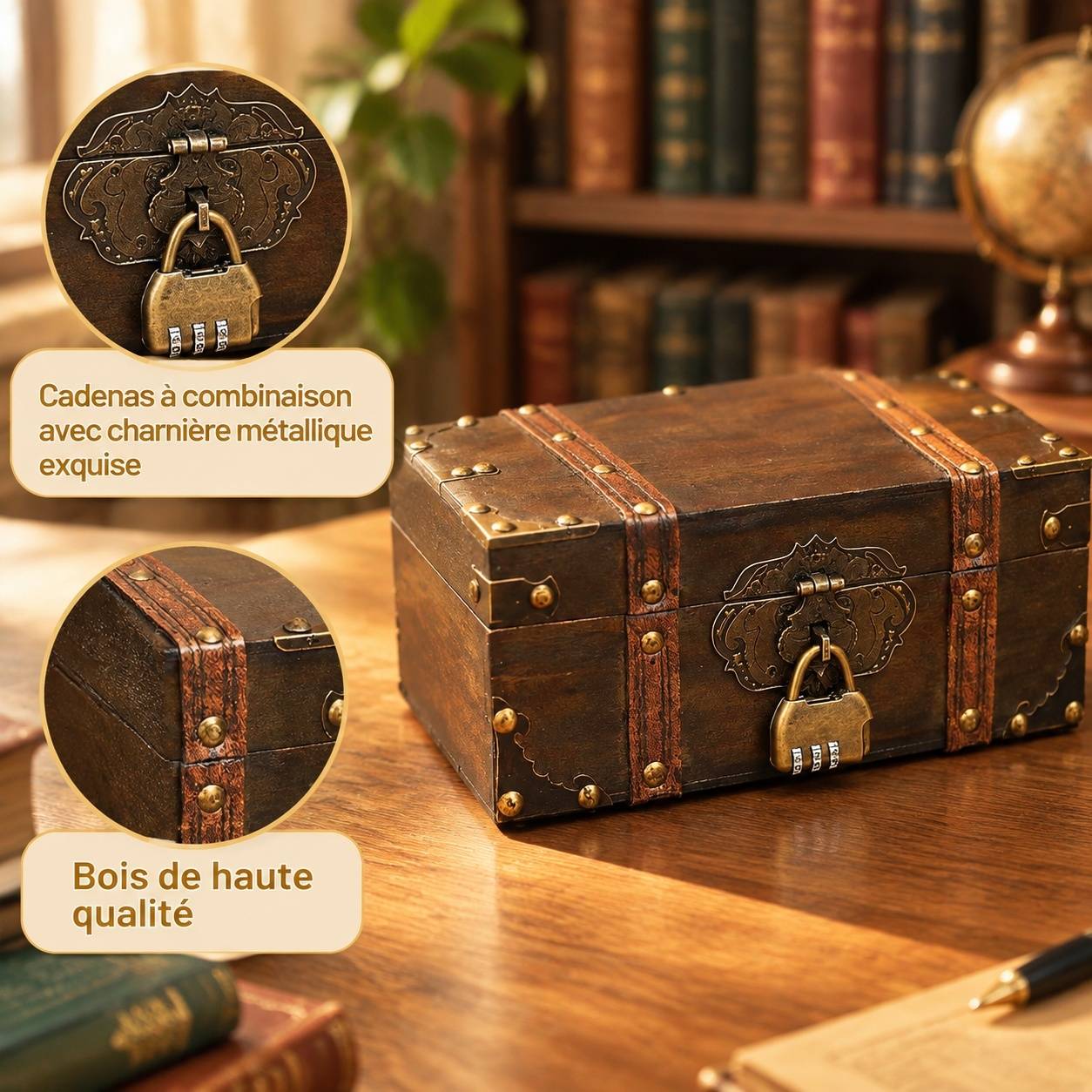 Coffre Bijoux Bois Décoratif Vintage Avec Cadenas - Image 3