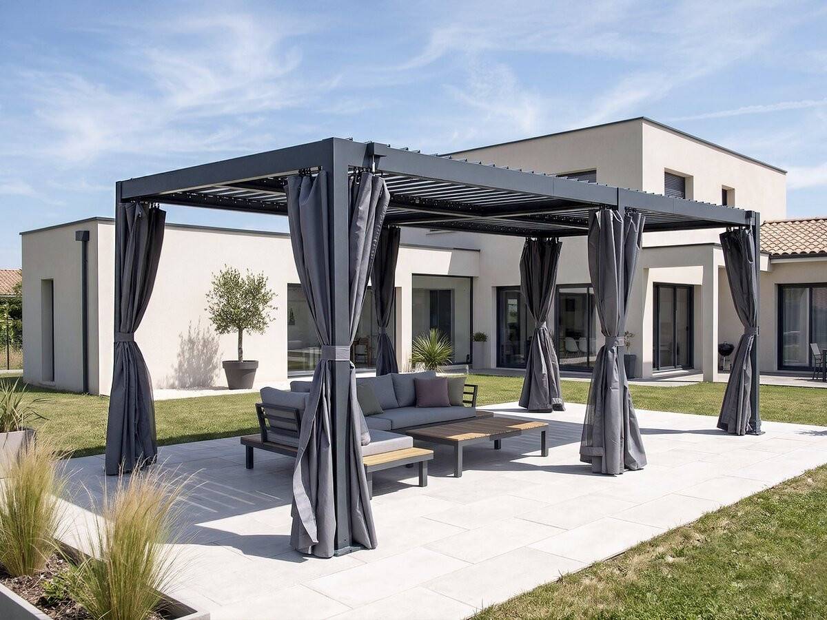 Pergola Bioclimatique En Aluminium Avec Rideau Et Moustiquaire "kensington" - 3 X 5 M - Gris -habitat Et Jardin - Image 2