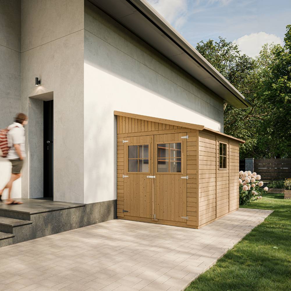 Timbela - Abri de Jardin en Bois Naturel H244x218x318 cm / 6m² avec paroi latérale, les planchers imprégné et fenêtres - 17 mm d’épaisseur - Timbela M339A+M339G - Imagen 1