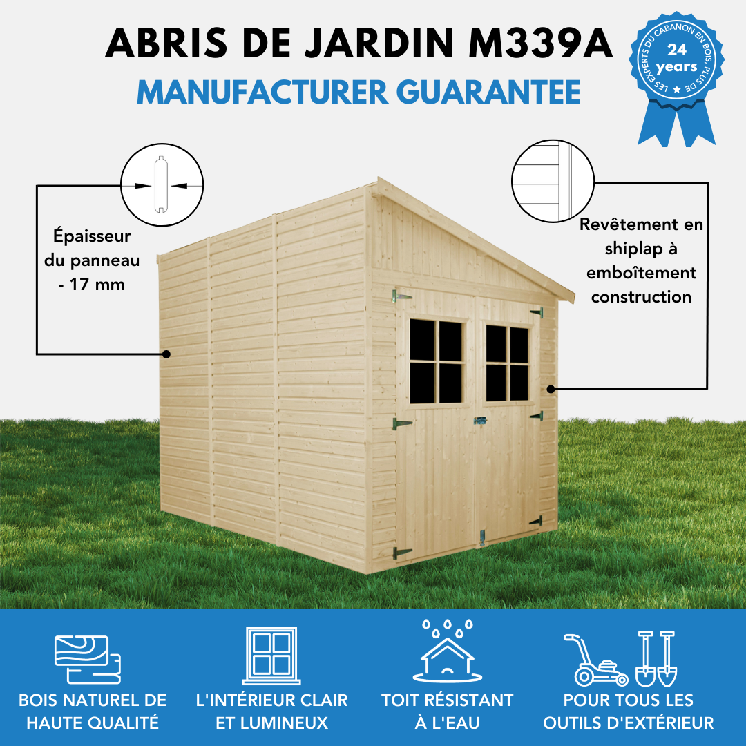 Timbela - Abri de Jardin en Bois Naturel H244x218x318 cm / 6m² avec paroi latérale, les planchers imprégné et fenêtres - 17 mm d’épaisseur - Timbela M339A+M339G - Imagen 8