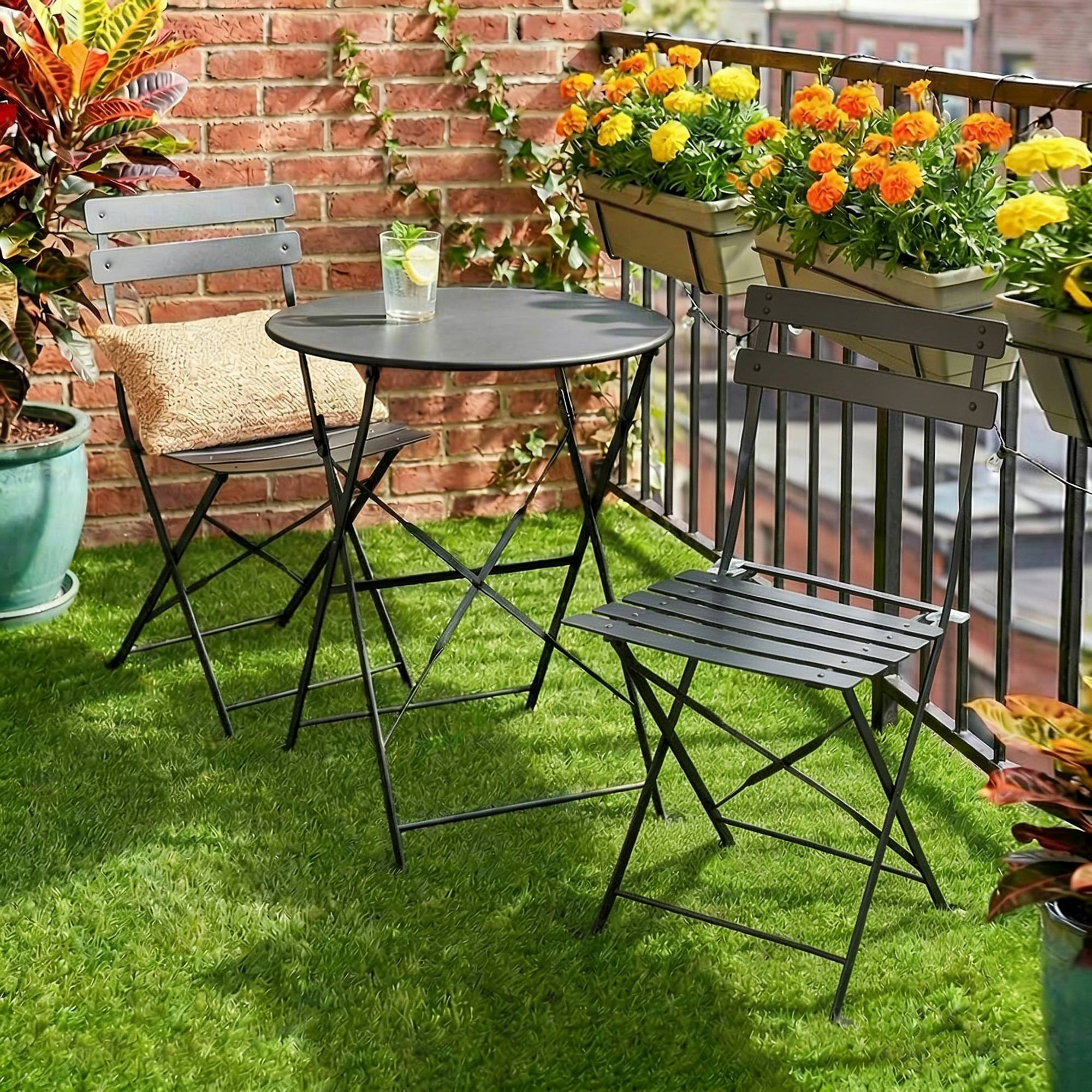 ComfortXL - Salon de jardin bistrot métal pliant 2 places style classique à lattes noir - ComfortXL Outdoor Living - Image 4