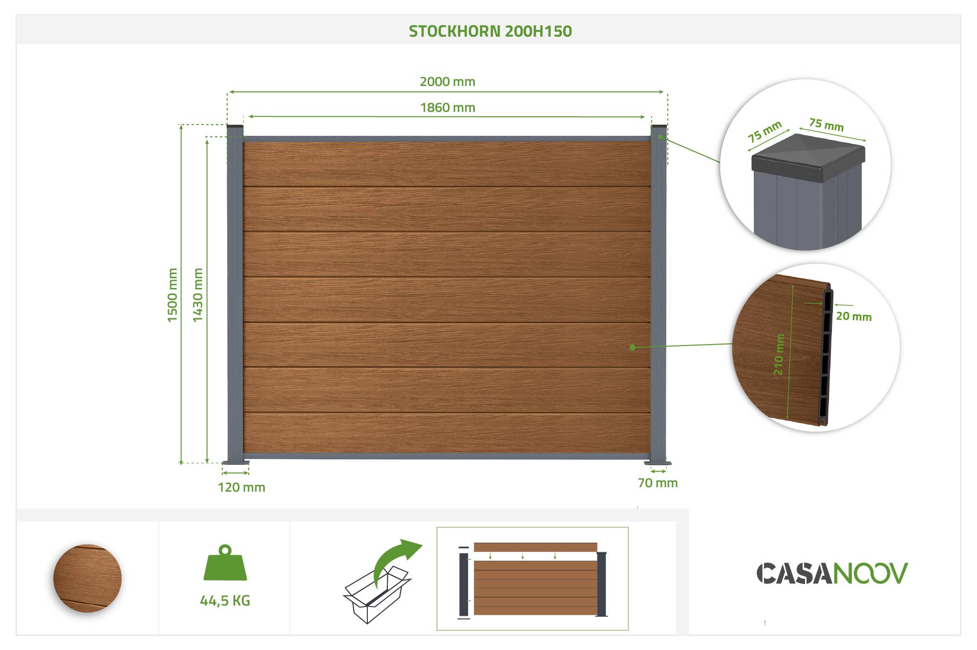 Casanoov Clôture composite Stockhorn 10 m H.150   cm sur plaque finition teck - Image 2
