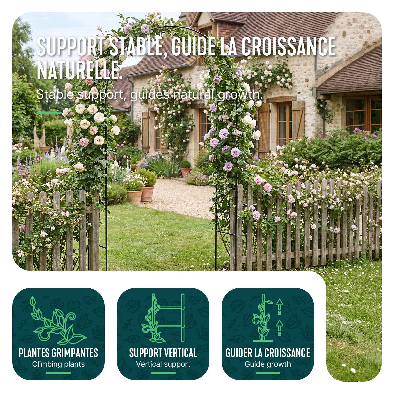 Vounot - Lot de 2 Arches de jardin en métal noir 140x37x240 cm - Support pour plantes grimpantes et rosiers - Structure modulable - VOUNOT® - Image 4