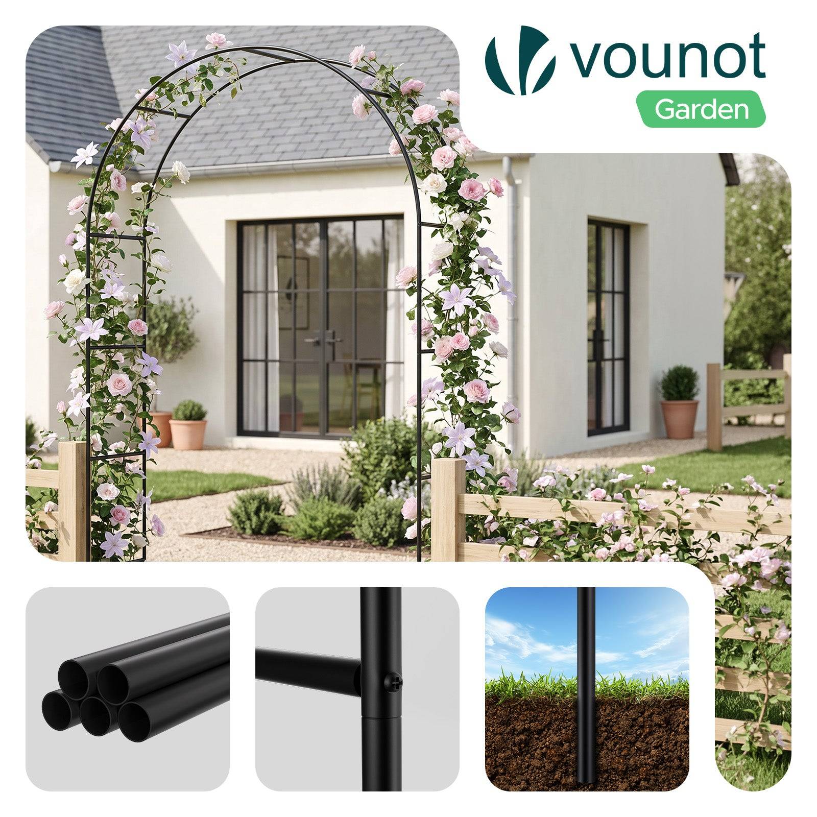 Vounot - Lot de 2 Arches de jardin en métal noir 140x37x240 cm - Support pour plantes grimpantes et rosiers - Structure modulable - VOUNOT® - Image 6