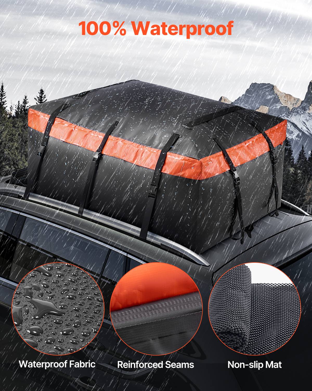 VEVOR Sac de toit voiture 651 L, étanche PVC 840D, serrure, tapis anti-dérapant, 6 crochets. - Image 2