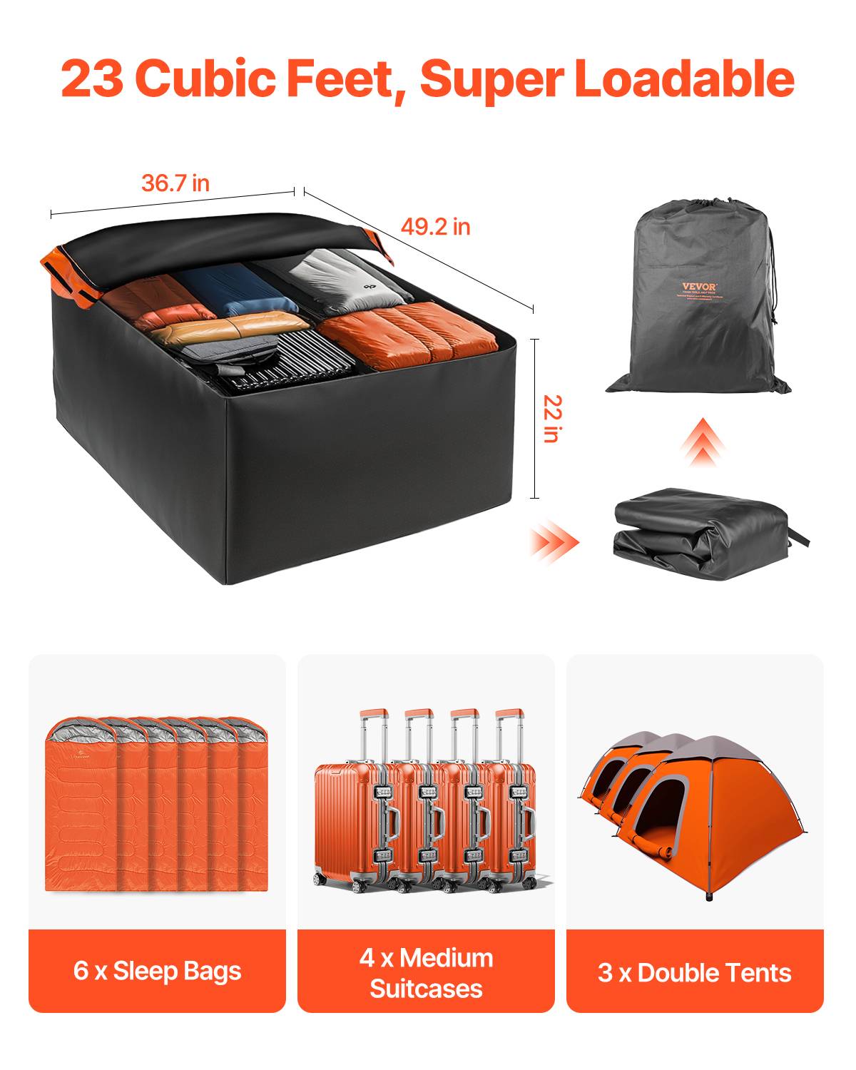 VEVOR Sac de toit voiture 651 L, étanche PVC 840D, serrure, tapis anti-dérapant, 6 crochets. - Image 3