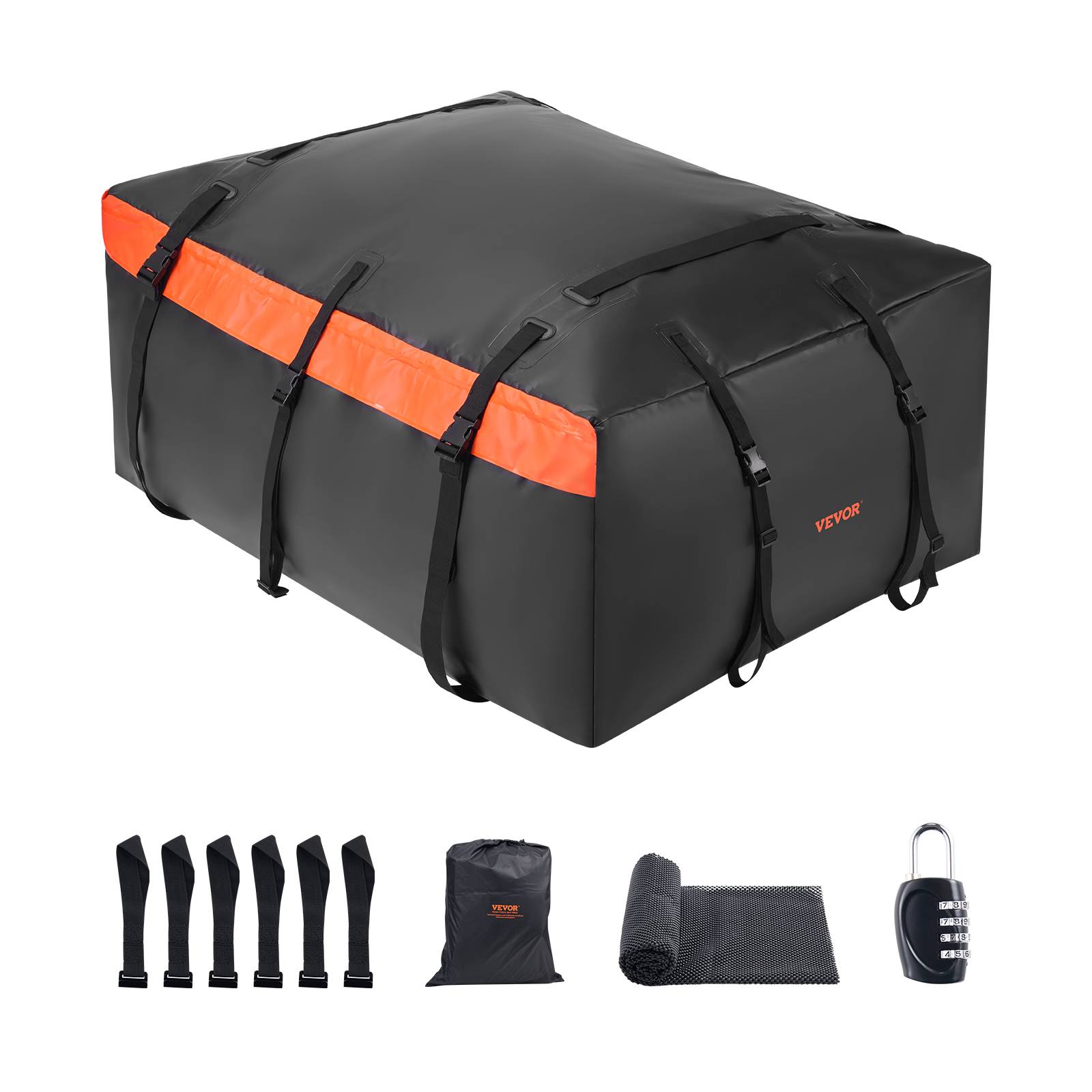 VEVOR Sac de toit voiture 651 L, étanche PVC 840D, serrure, tapis anti-dérapant, 6 crochets. - Image 1