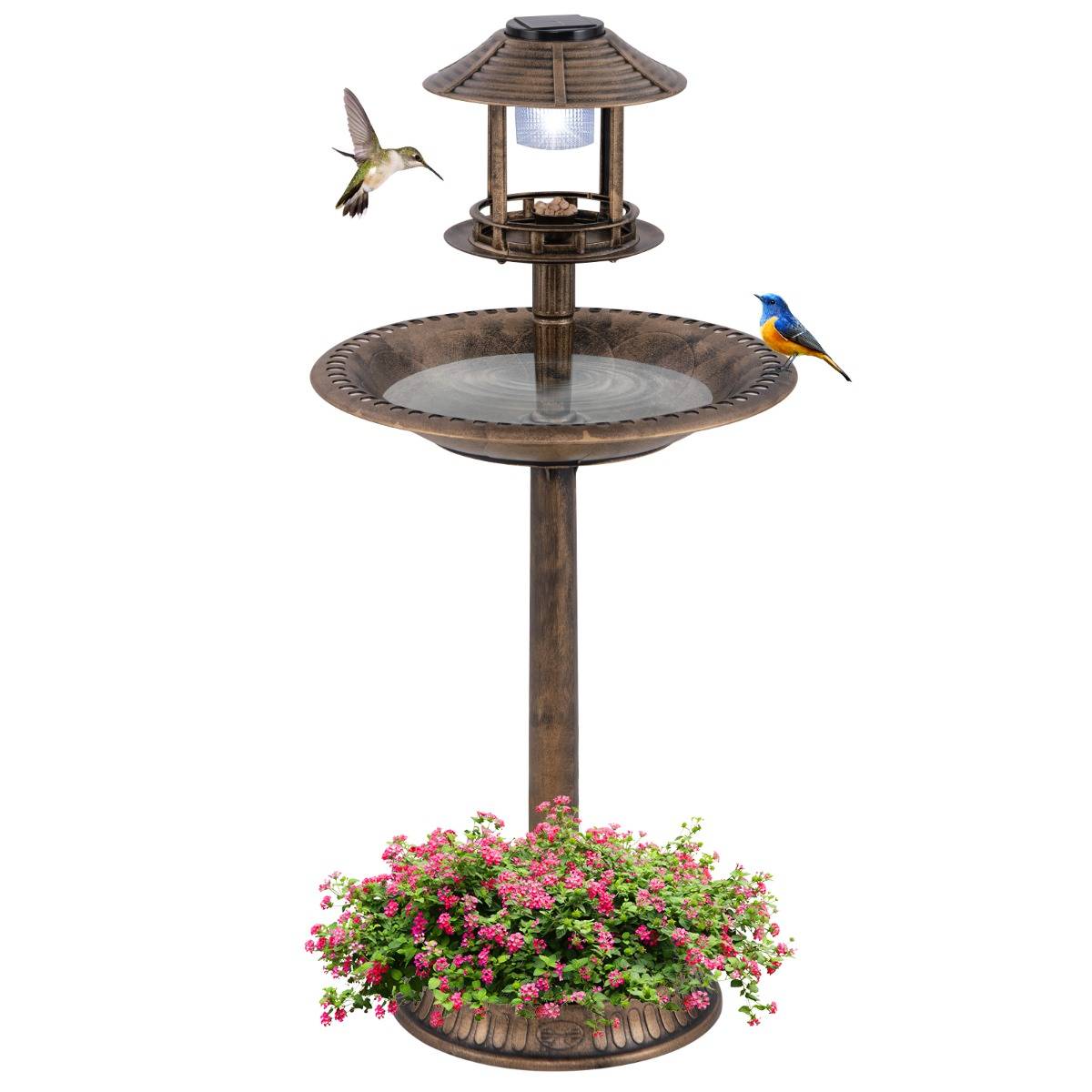 Bain d'Oiseaux Solaire d'Extérieur Éclairé Nourrisseur d'Oiseaux 3 en 1 avec Base de Jardinière Lampe Solaire 51 x 51 x 107 cm Bronze F62R