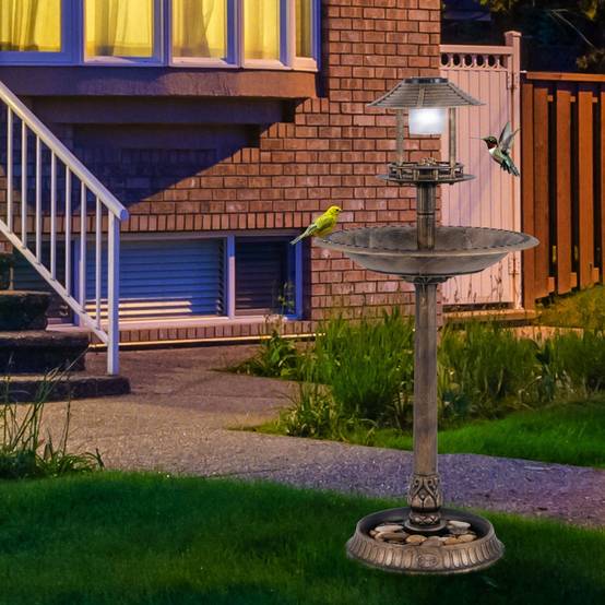 Bain d'Oiseaux Solaire d'Extérieur Éclairé Nourrisseur d'Oiseaux 3 en 1 avec Base de Jardinière Lampe Solaire 51 x 51 x 107 cm Bronze F62R - Image 3