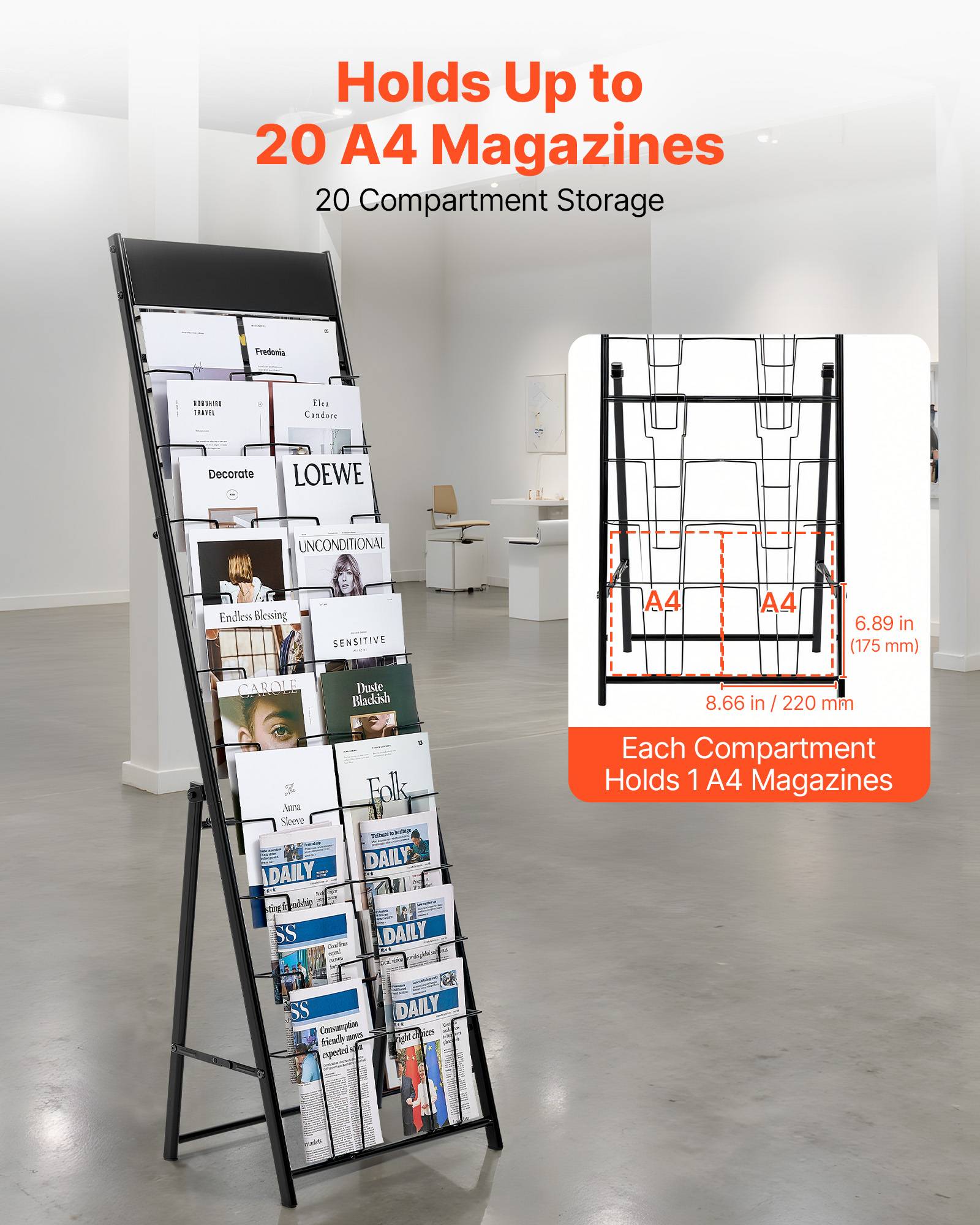 VEVOR Présentoir à brochures sur pied en métal 20 pochettes pour magazines noir - Image 2