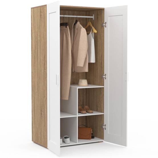 Armoire 2 portes VITO blanc et bois penderie 80 cm avec étagères rangement maxi capacité - Image 4