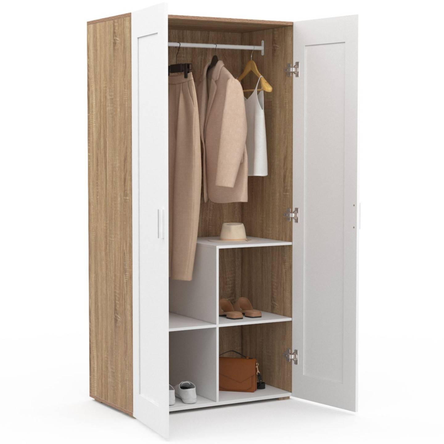 Armoire 2 portes VITO blanc et bois penderie 80 cm avec étagères rangement maxi capacité - Image 4