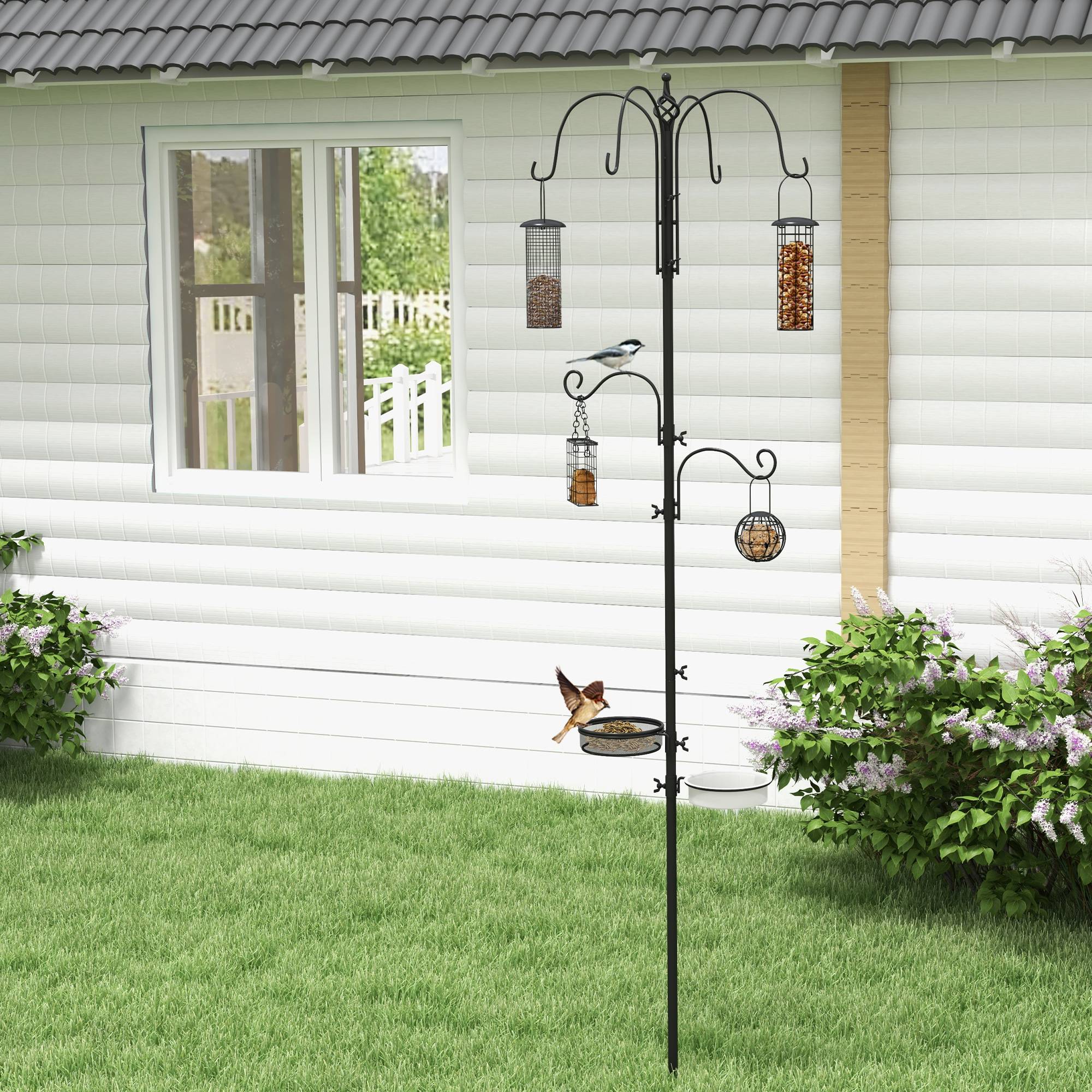 Mangeoire sur pied Acier jardin oiseaux 6 crochets 4 mangeoires Noir 226cm - ComfortXL Outdoor Living - Image 3