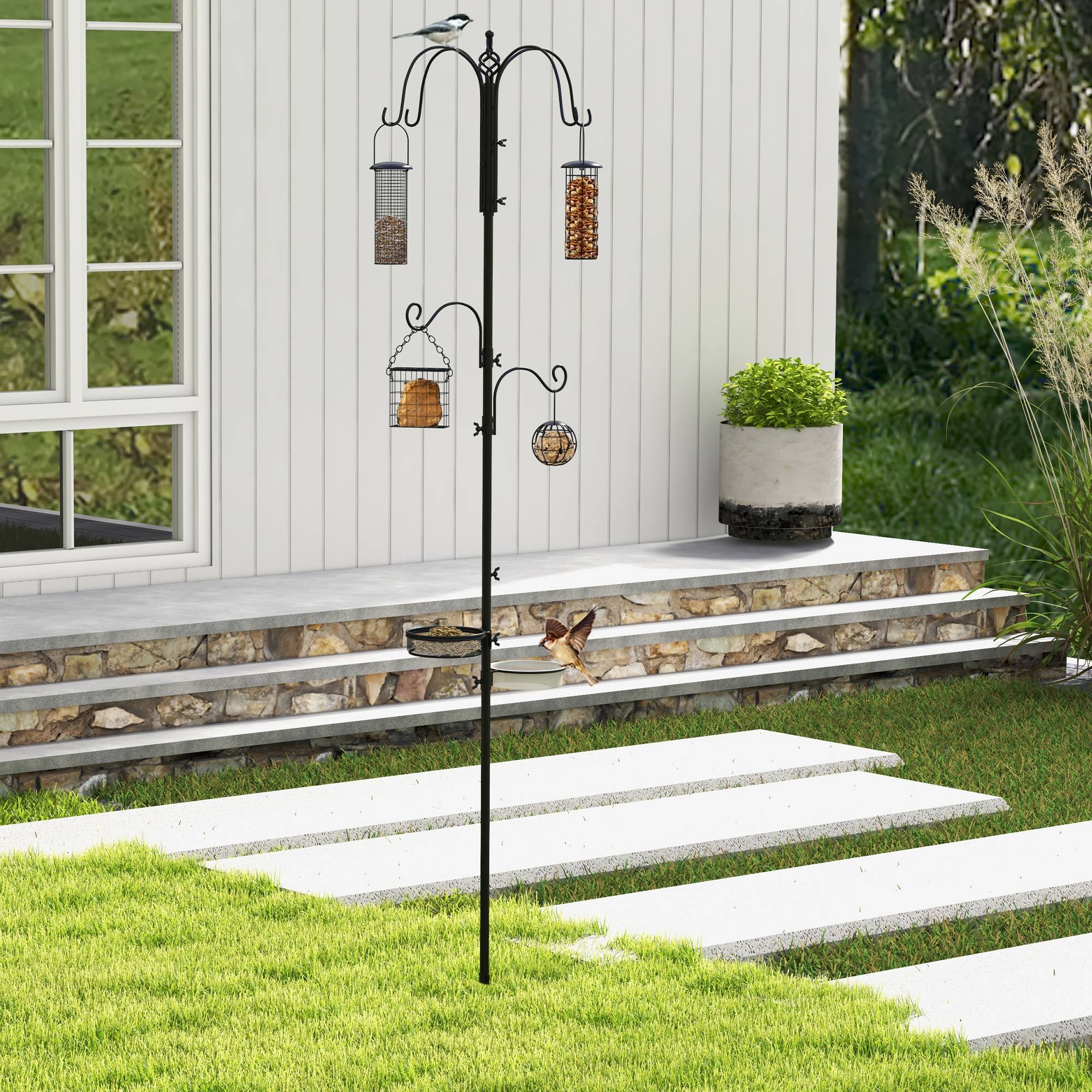 Mangeoire sur pied Acier jardin oiseaux 6 crochets 4 mangeoires Noir 226cm - ComfortXL Outdoor Living - Image 4