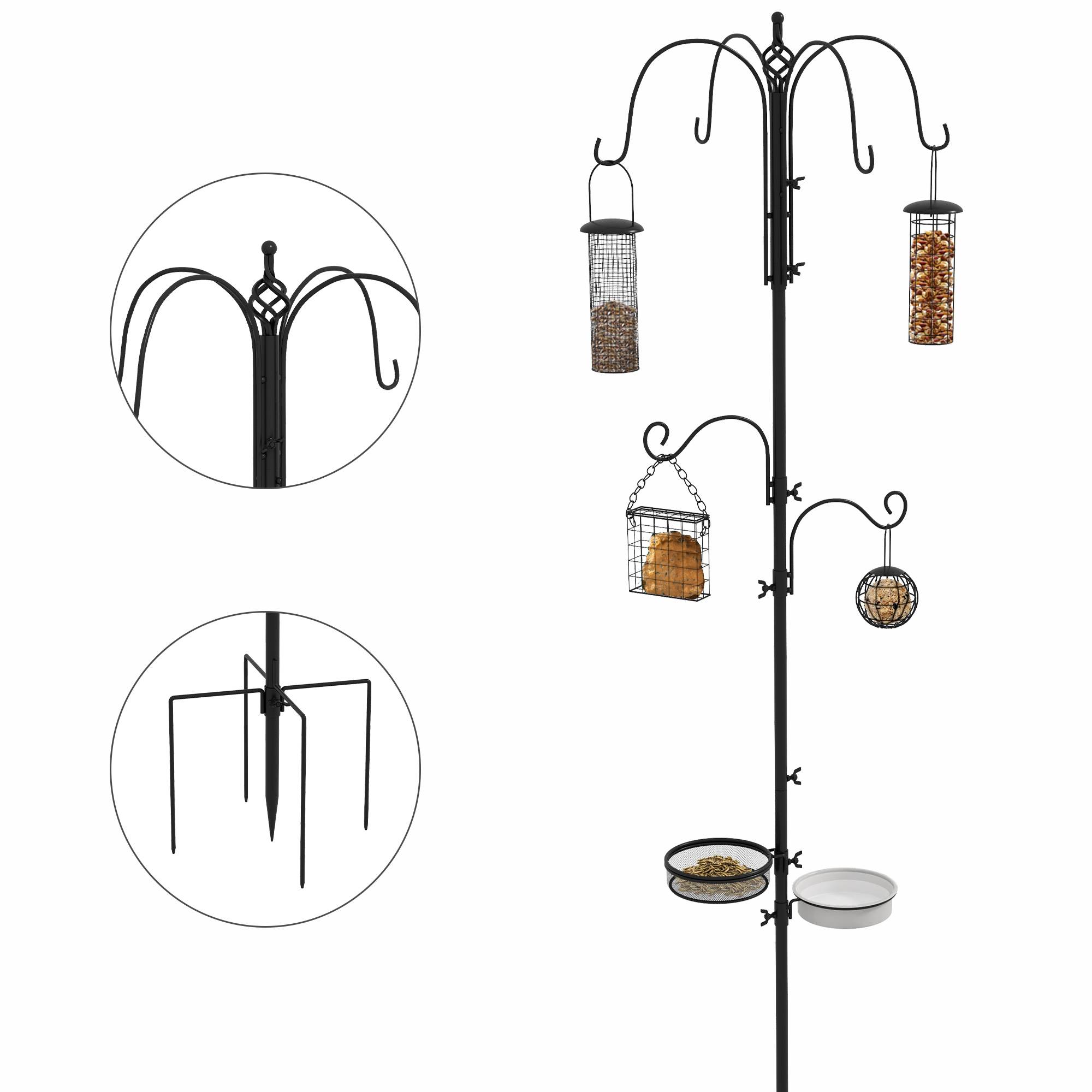 Mangeoire sur pied Acier jardin oiseaux 6 crochets 4 mangeoires Noir 226cm - ComfortXL Outdoor Living