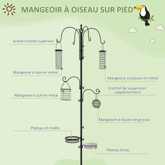 Mangeoire sur pied Acier jardin oiseaux 6 crochets 4 mangeoires Noir 226cm - ComfortXL Outdoor Living - Image 6