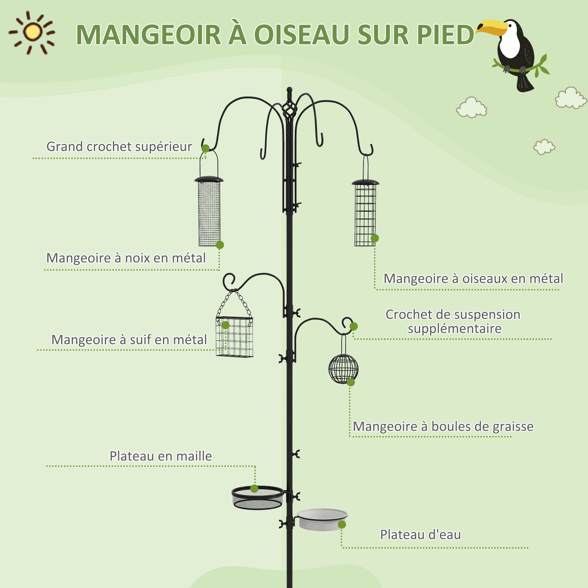 Mangeoire sur pied Acier jardin oiseaux 6 crochets 4 mangeoires Noir 226cm - ComfortXL Outdoor Living - Image 6
