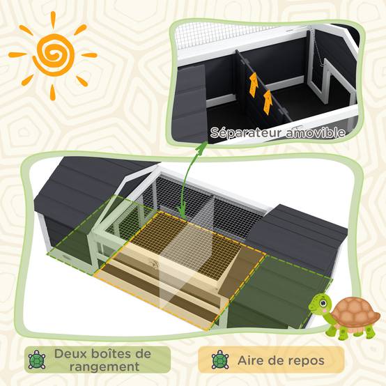 Maison Extérieure Bois Massif Tortues Terrestres Double Niche 120x56x43cm Gris - ComfortXL Outdoor Living - Image 6