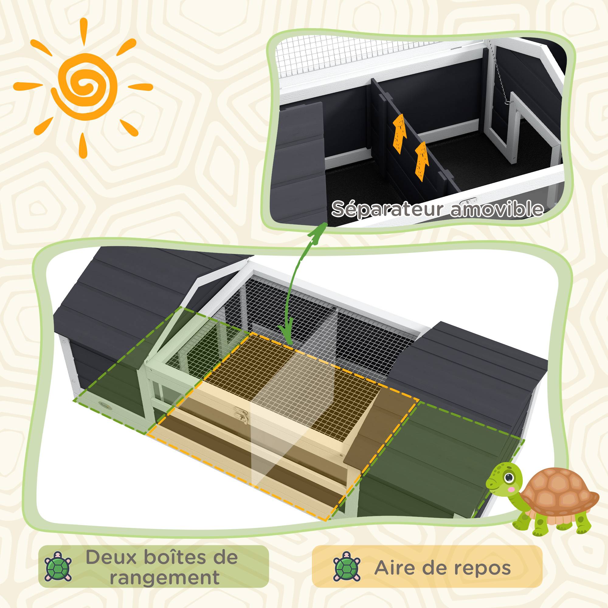 Maison Extérieure Bois Massif Tortues Terrestres Double Niche 120x56x43cm Gris - ComfortXL Outdoor Living - Image 6