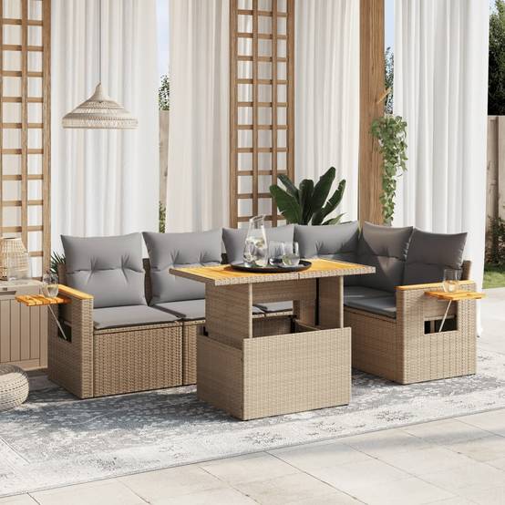 Salon de jardin 6 pcs Beige Résine Tressée Table Relevable et Tablette Appoint – ComfortXL Outdoor Living - Image 1