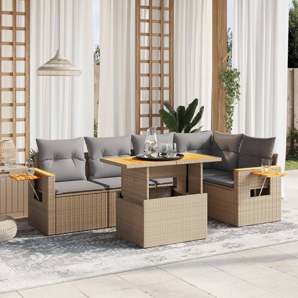 Salon de jardin 6 pcs Beige Résine Tressée Table Relevable et Tablette Appoint – ComfortXL Outdoor Living - Image 1