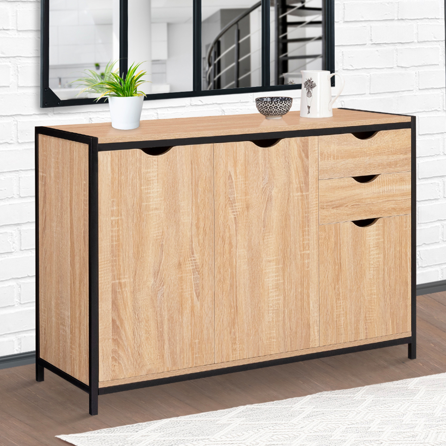Buffet bas 110 cm DETROIT avec placards et tiroirs design industriel - Image 1