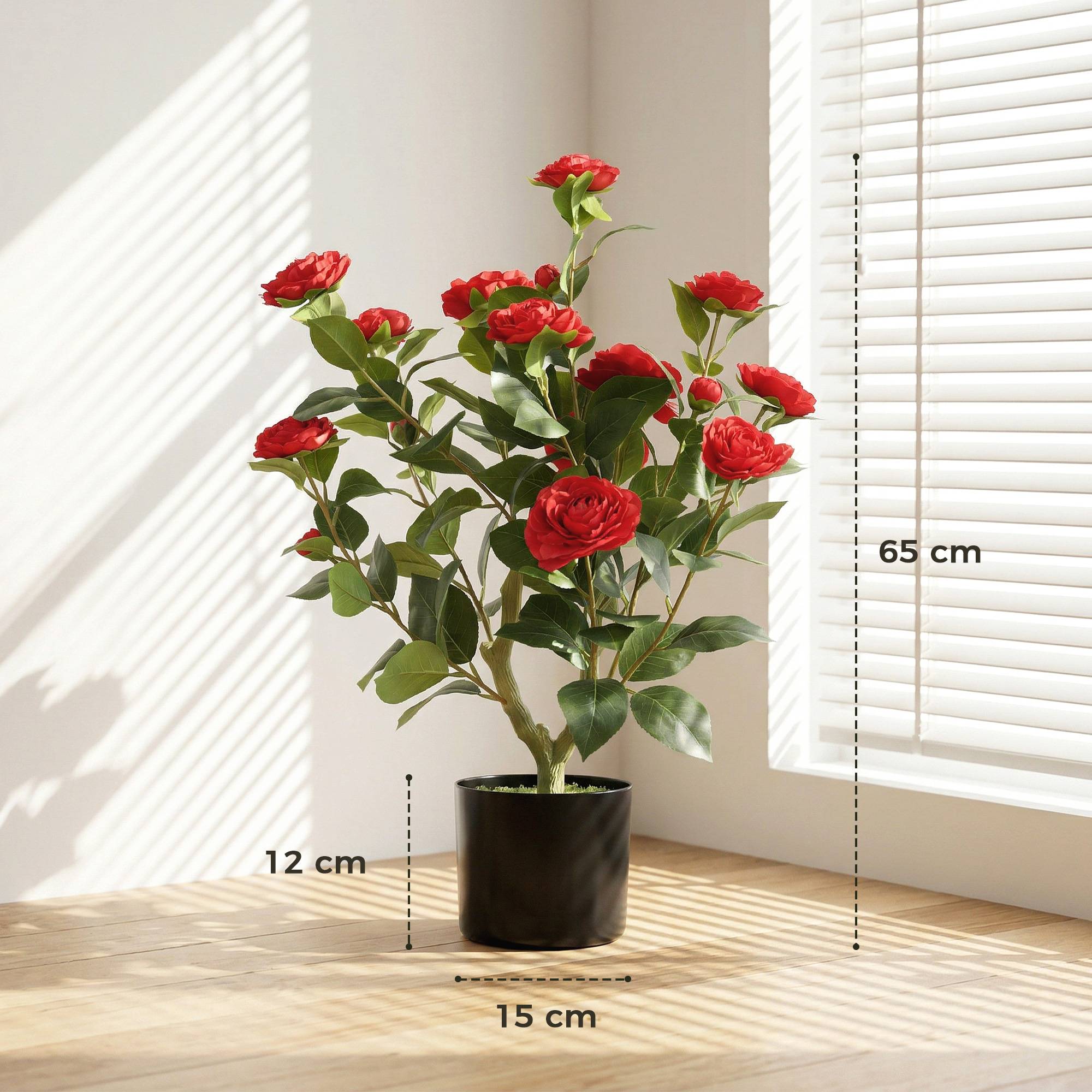 Sans Marque - Planta Artificial Camelia 65 cm Árbol Maceta Flores Seda 116 Hojas Musgo Rojo - Image 5