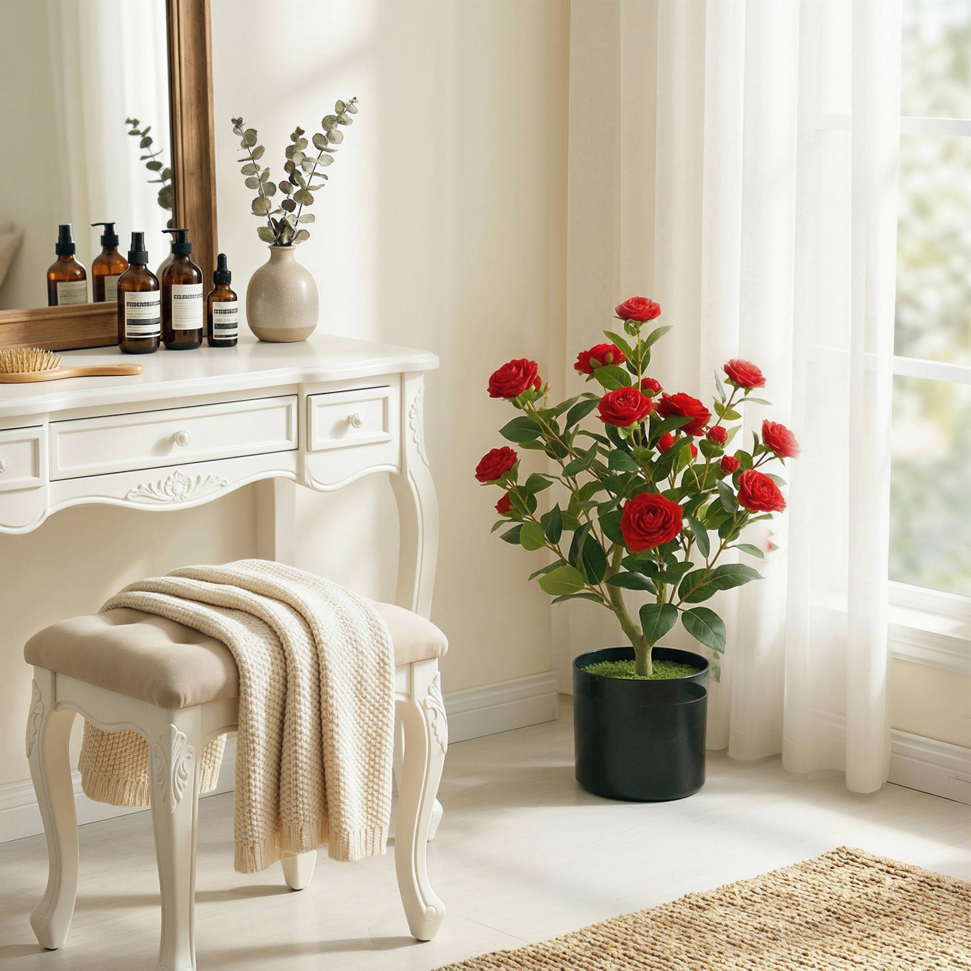 Sans Marque - Planta Artificial Camelia 65 cm Árbol Maceta Flores Seda 116 Hojas Musgo Rojo - Image 4