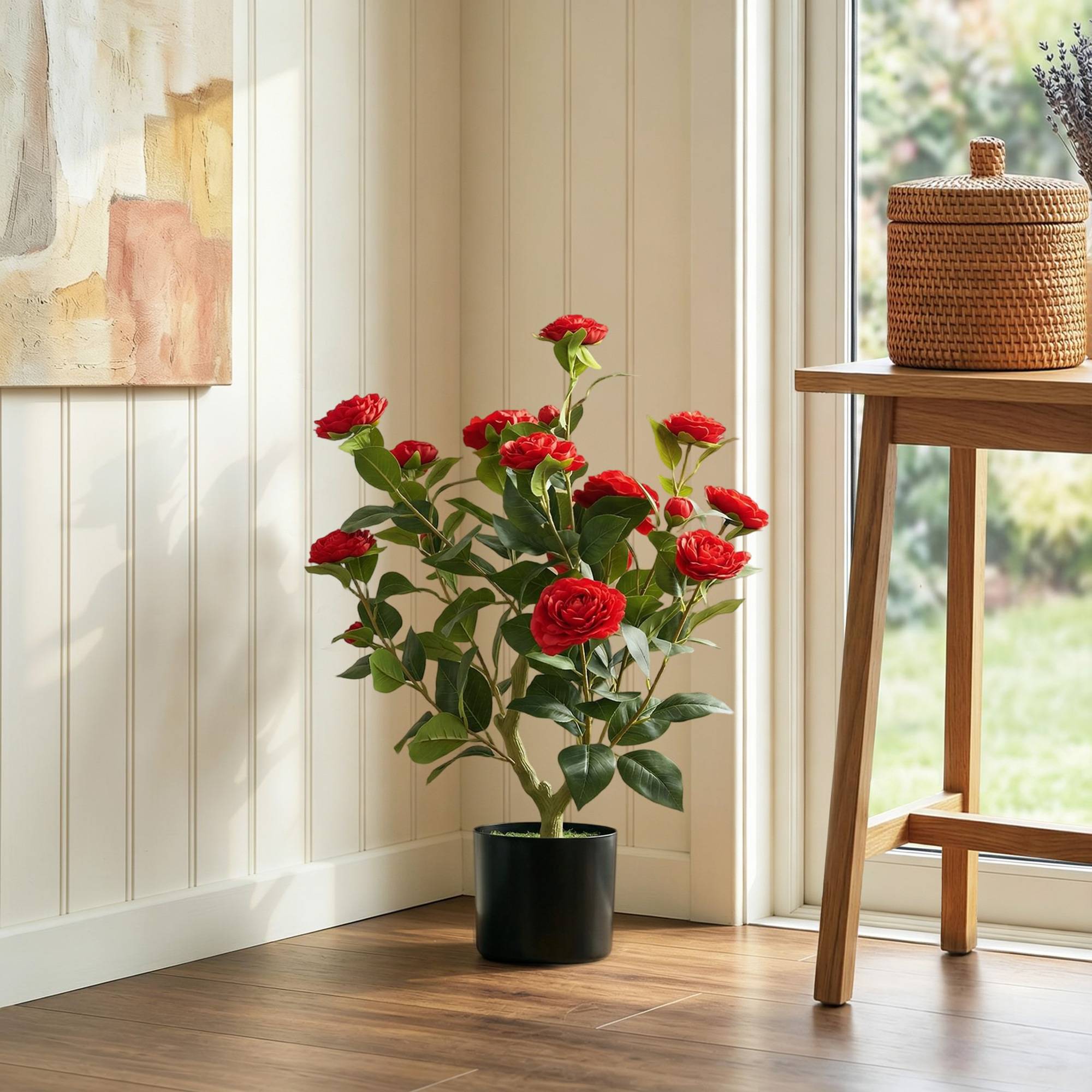 Sans Marque - Planta Artificial Camelia 65 cm Árbol Maceta Flores Seda 116 Hojas Musgo Rojo - Image 3